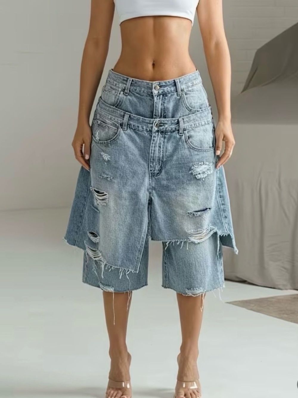 Distressed Layered Light Blue Denim Shorts for Women - Picture 6 of 6